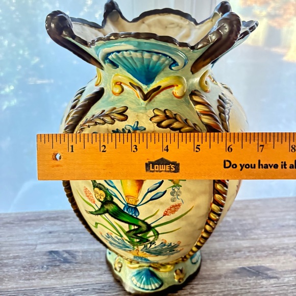 Vintage Italy Hand Painted Urn Yellow Floral Scallop Italian Terracotta Vase - Picture 10 of 10
